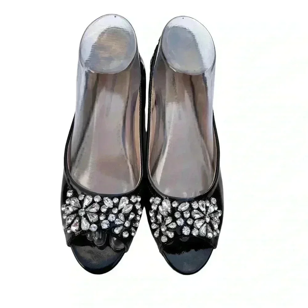 ADRIENNE VITTADINI GEM STUDDED BLACK PATENT LEATHER WOMEN KODY BALLET F…